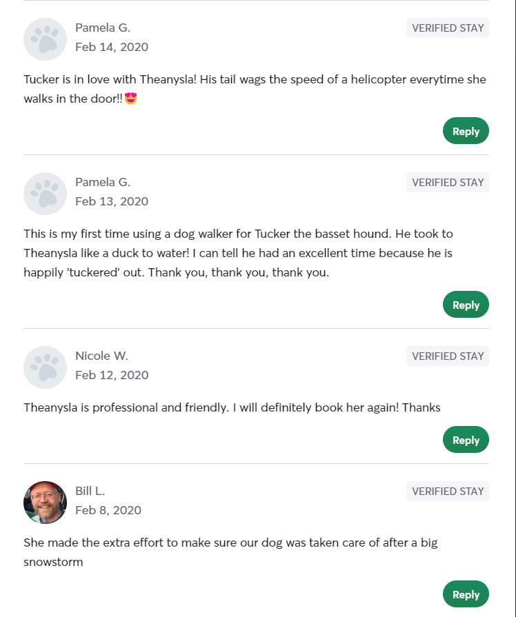 5 Star Pet Care Client Testimonials about the high quality of pet care services provided by TK as a pet sitter