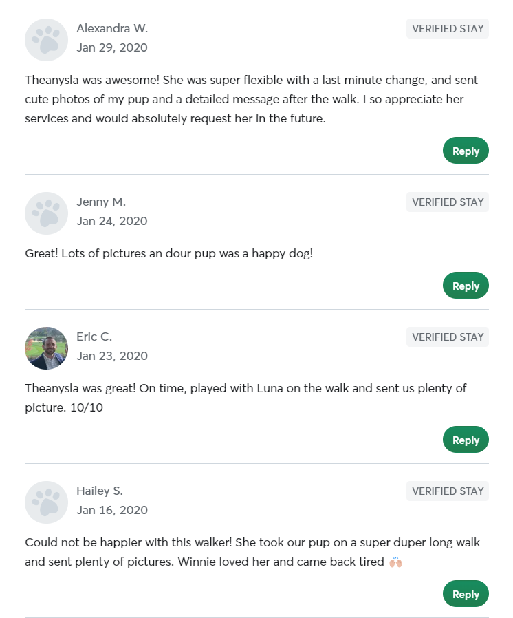 5 Star Pet Care Client Testimonials about the high quality of pet care services provided by TK as a pet sitter