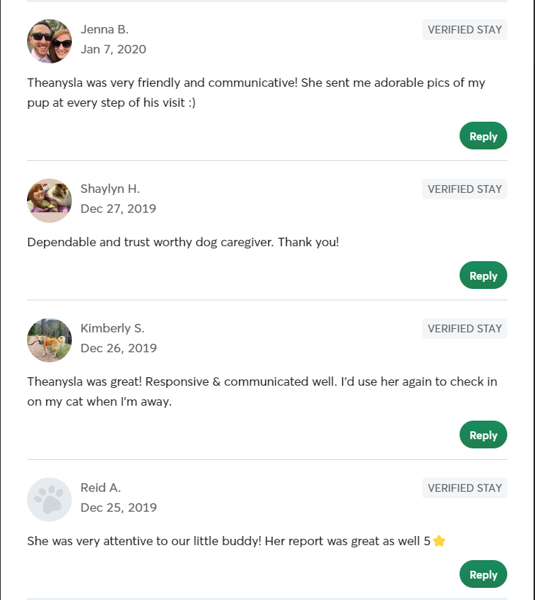 5 Star Pet Care Client Testimonials about the high quality of pet care services provided by TK as a pet sitter