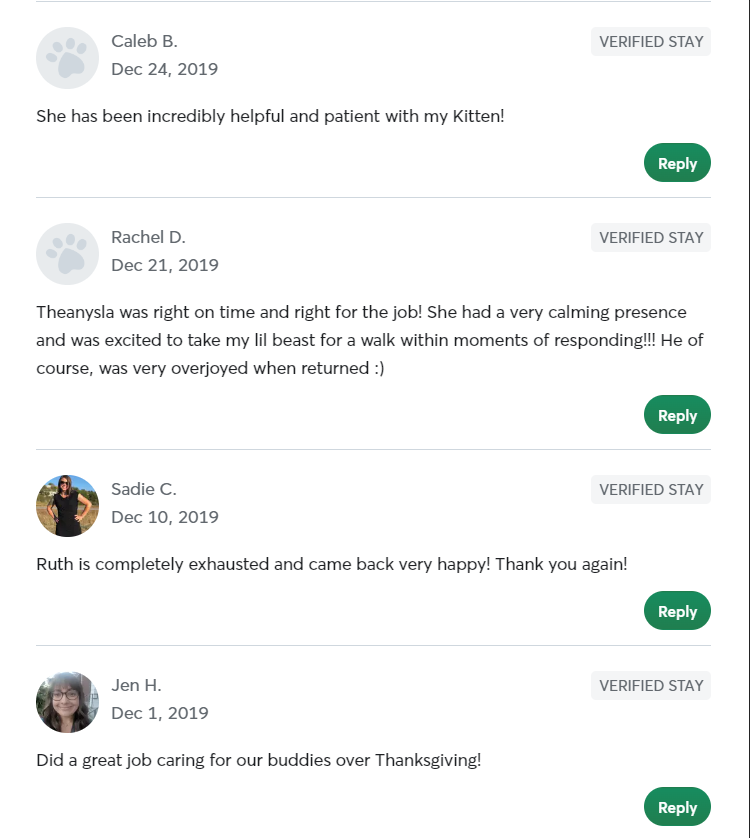 5 Star Pet Care Client Testimonials about the high quality of pet care services provided by TK as a pet sitter