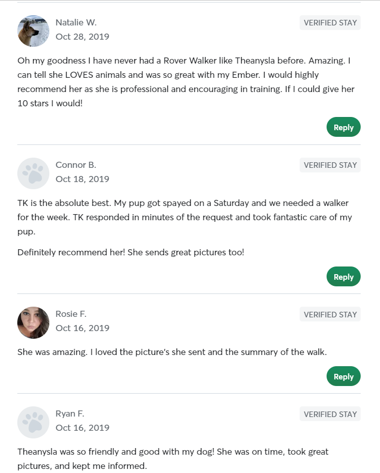 5 Star Pet Care Client Testimonials about the high quality of pet care services provided by TK as a pet sitter