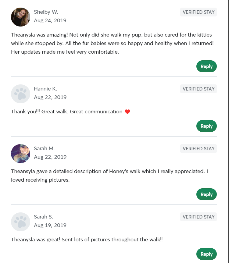 5 Star Pet Care Client Testimonials about the high quality of pet care services provided by TK as a pet sitter