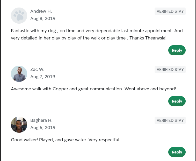 5 Star Pet Care Client Testimonials about the high quality of pet care services provided by TK as a pet sitter