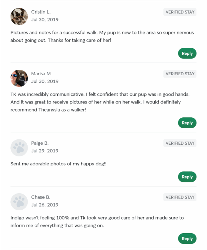 5 Star Pet Care Client Testimonials about the high quality of pet care services provided by TK as a pet sitter