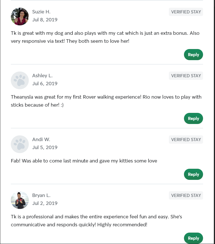 5 Star Pet Care Client Testimonials about the high quality of pet care services provided by TK as a pet sitter