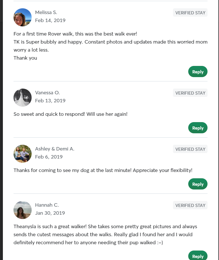 5 Star Pet Care Client Testimonials about the high quality of pet care services provided by TK as a pet sitter