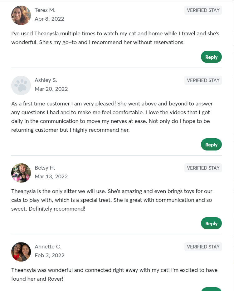 5 Star Pet Care Client Testimonials about the high quality of pet care services provided by TK as a pet sitter