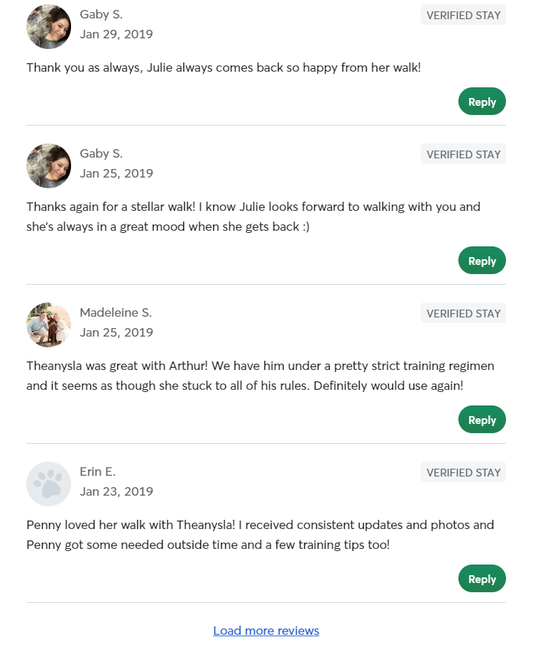 5 Star Pet Care Client Testimonials about the high quality of pet care services provided by TK as a pet sitter