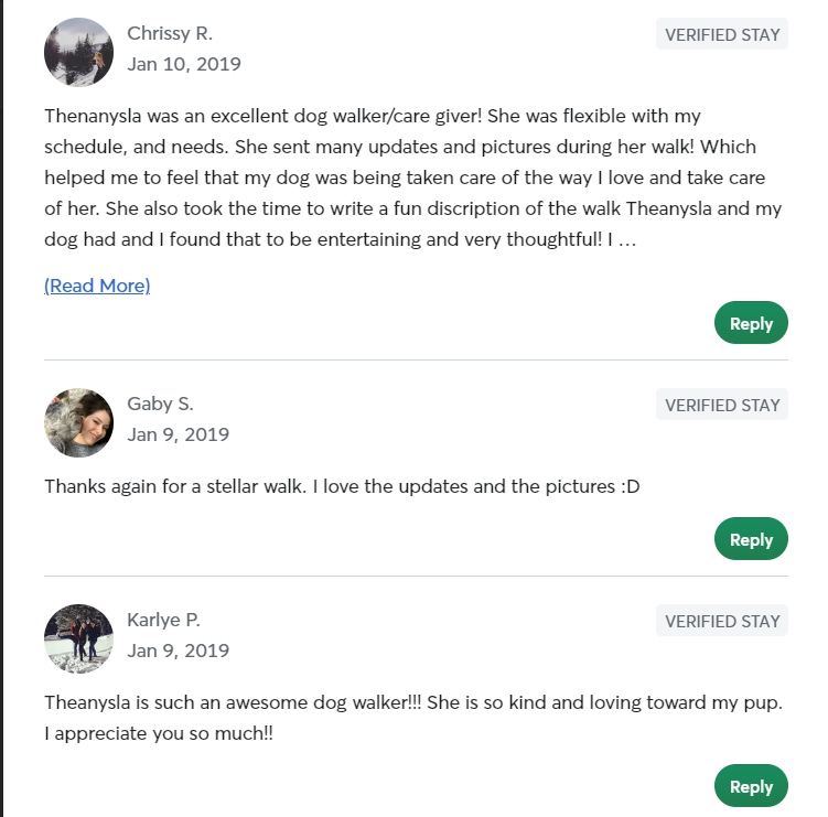 5 Star Pet Care Client Testimonials about the high quality of pet care services provided by TK as a pet sitter