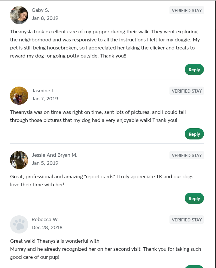 5 Star Pet Care Client Testimonials about the high quality of pet care services provided by TK as a pet sitter