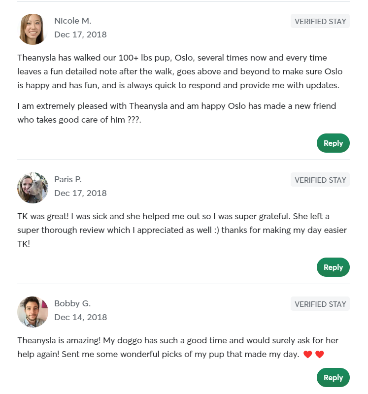 5 Star Pet Care Client Testimonials about the high quality of pet care services provided by TK as a pet sitter