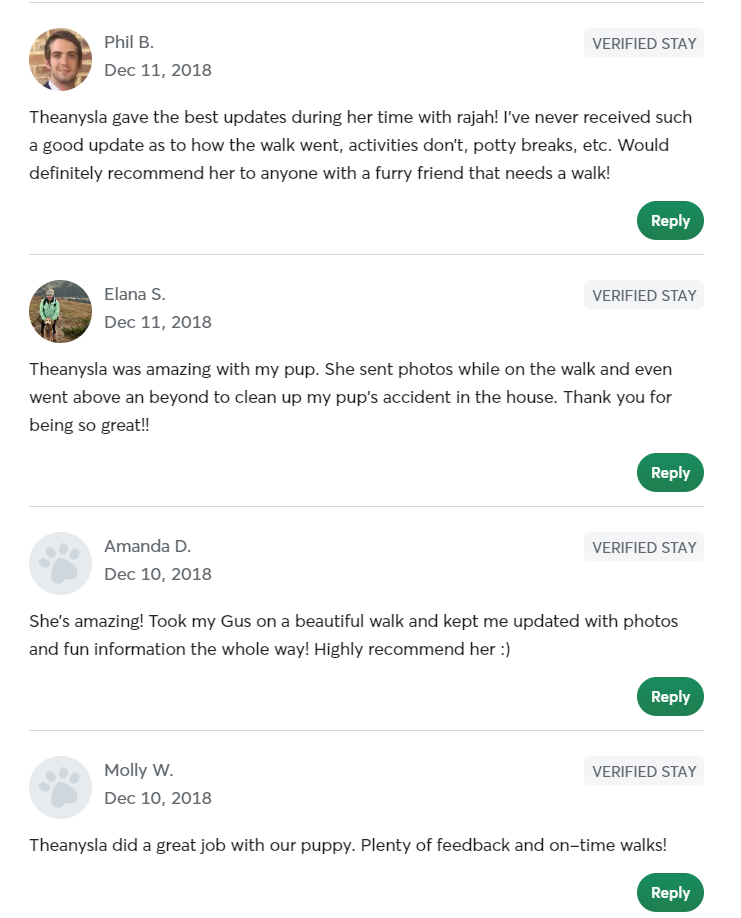 5 Star Pet Care Client Testimonials about the high quality of pet care services provided by TK as a pet sitter