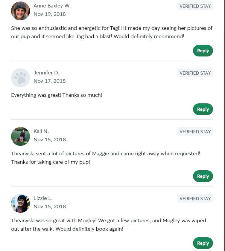 5 Star Pet Care Client Testimonials about the high quality of pet care services provided by TK as a pet sitter