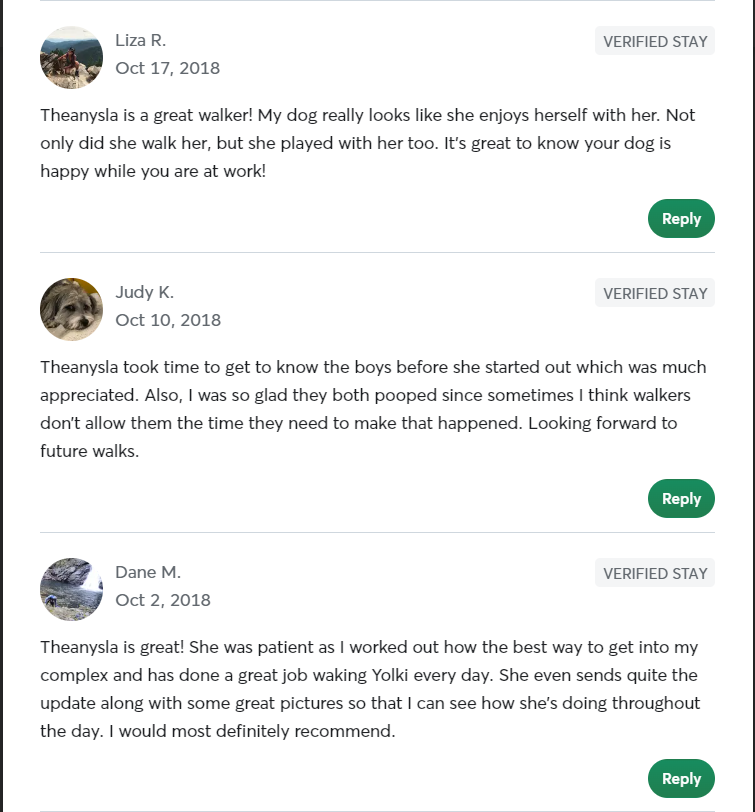 5 Star Pet Care Client Testimonials about the high quality of pet care services provided by TK as a pet sitter.