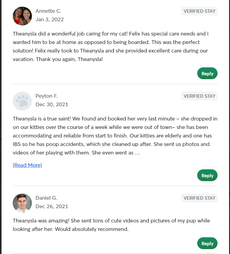 5 Star Pet Care Client Testimonials about the high quality of pet care services provided by TK as a pet sitter