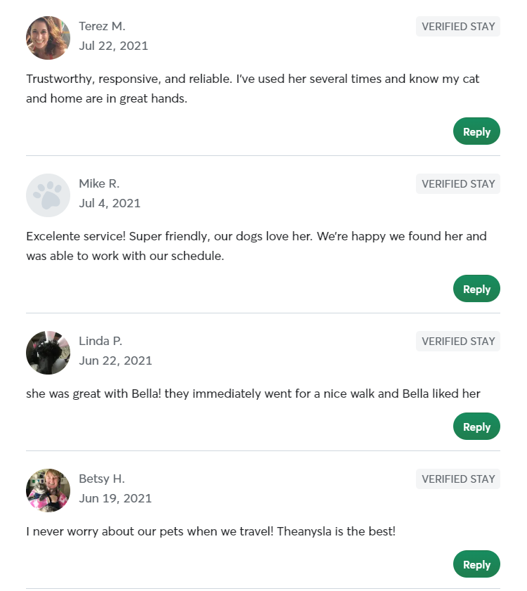 5 Star Pet Care Client Testimonials about the high quality of pet care services provided by TK as a pet sitter