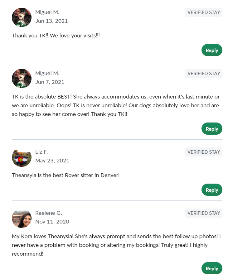 5 Star Pet Care Client Testimonials about the high quality of pet care services provided by TK as a pet sitter