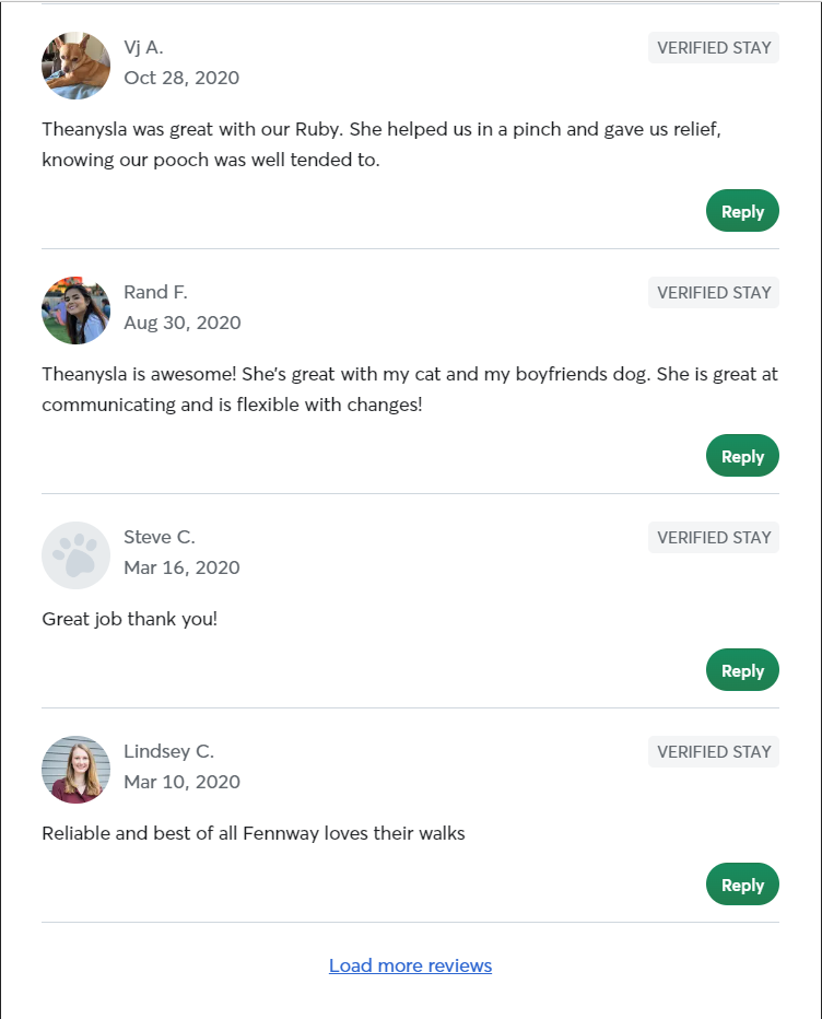 5 Star Pet Care Client Testimonials about the high quality of pet care services provided by TK as a pet sitter