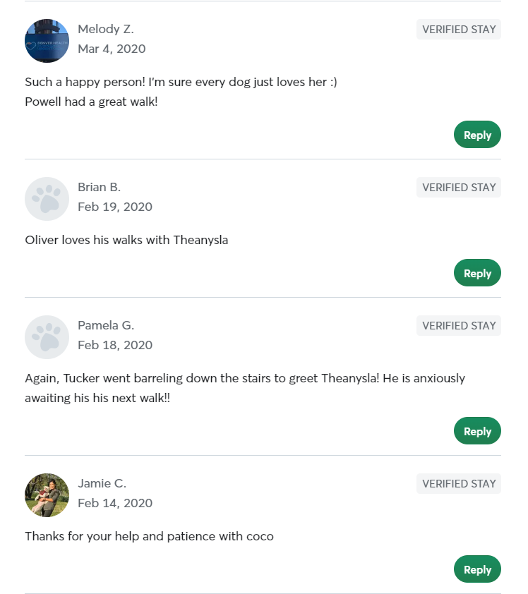 5 Star Pet Care Client Testimonials about the high quality of pet care services provided by TK as a pet sitter