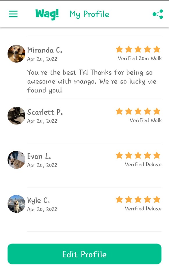 5 Star Pet Care Client Testimonials about the high quality of pet care services provided by TK as a pet sitter