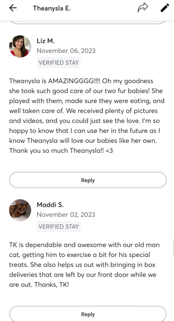 Rave Reviews from Pet Owners about TK's Quality Pet Care Services