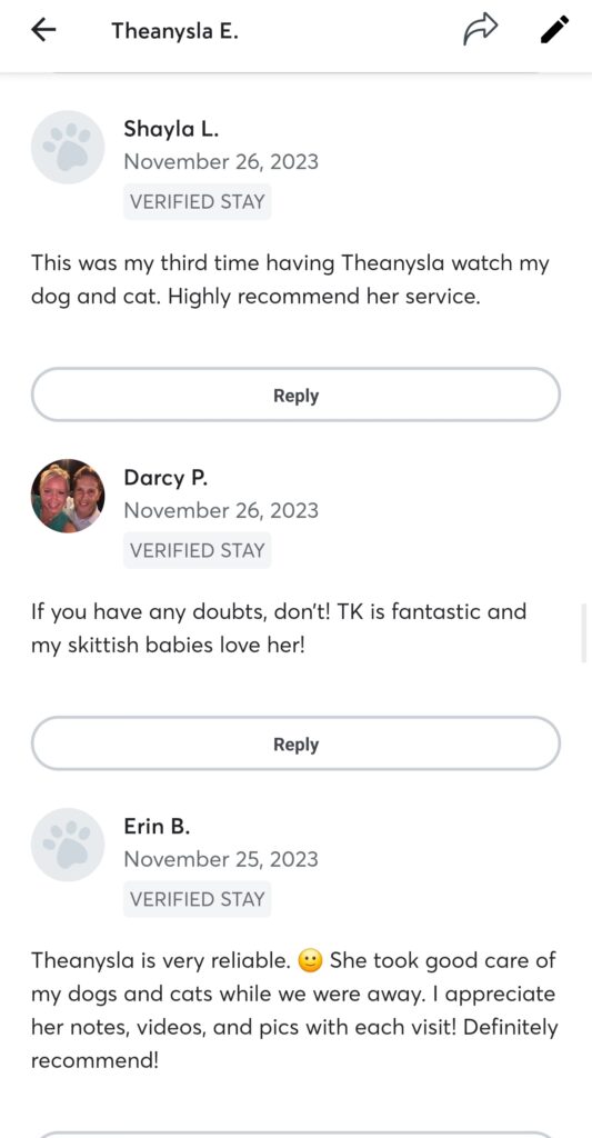 Rave Reviews from Pet Owners about TK's Quality Pet Care Services