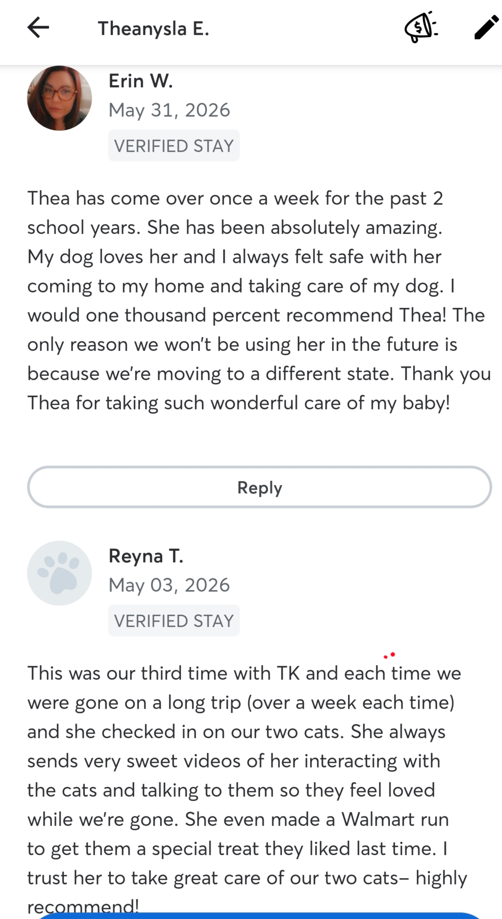 Rave Reviews from pet clients about TK's pet care services.